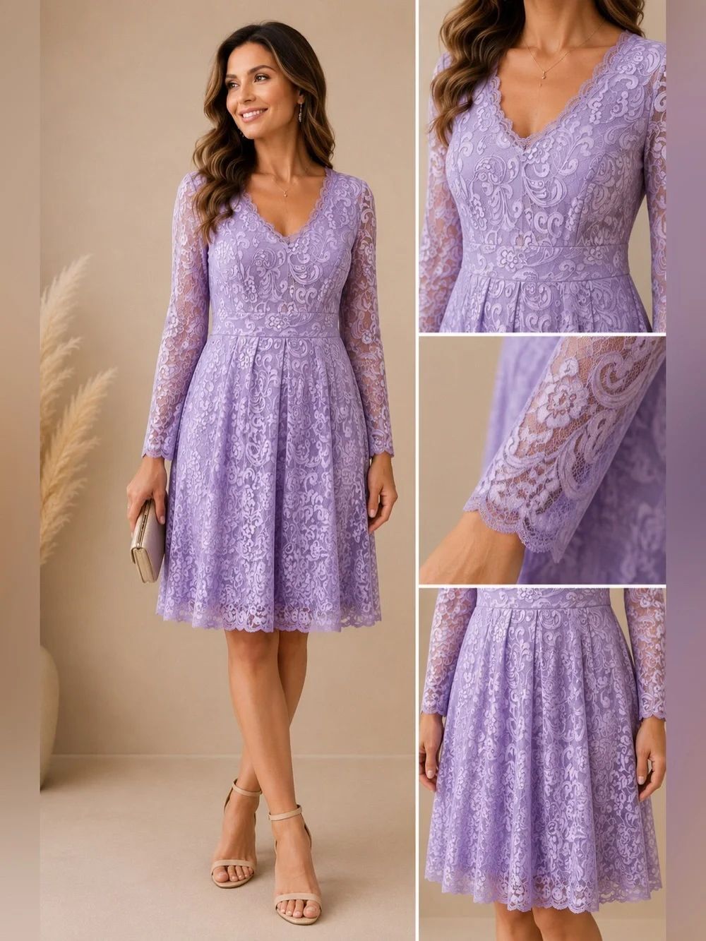 Lavender Lace Fit & Flare Midi Dress XL Long Sleeve V-Neck Wedding Guest Easter